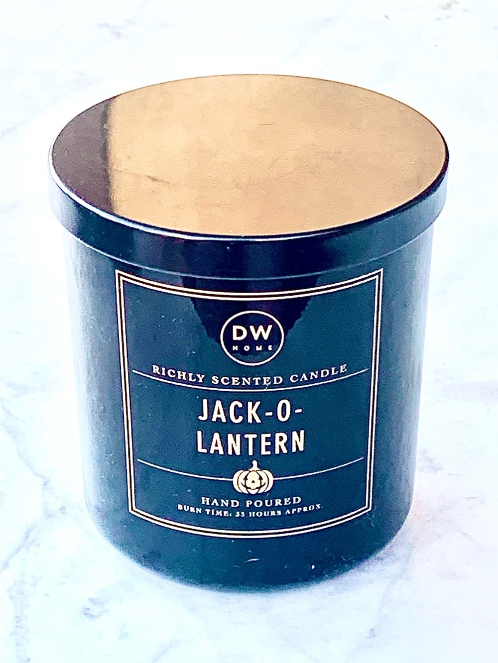 DW Home CANDLE BLACK & Gold Jack-O-Lantern Scented Candle NEW SOY WAX 9.1 OZ